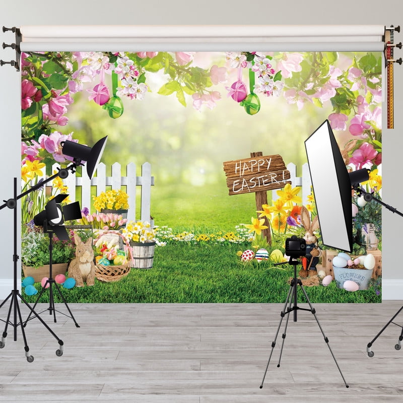 Easter Backdrops for Photoshoot Easter Rabbit Colorful Eggs Fence Wall ...