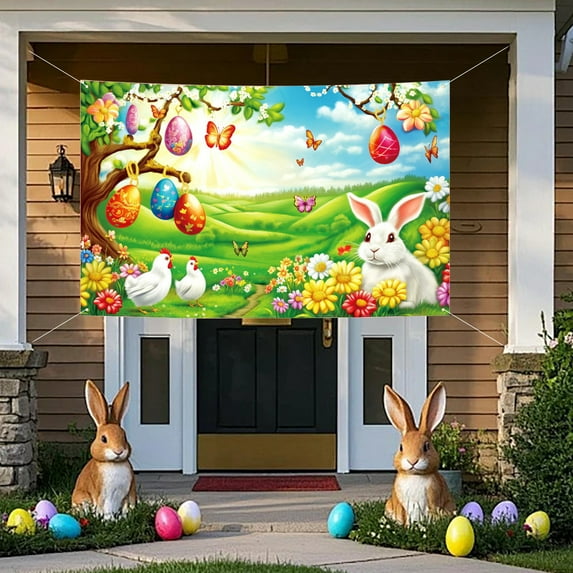 Easter Background Banner with Eggs and Bunny, Party Decorations Backdrop, Holiday Photo Booth Prop for Indoor Outdoor Easter Celebration, Spring Festival Decor, Vinyl Backdrop
