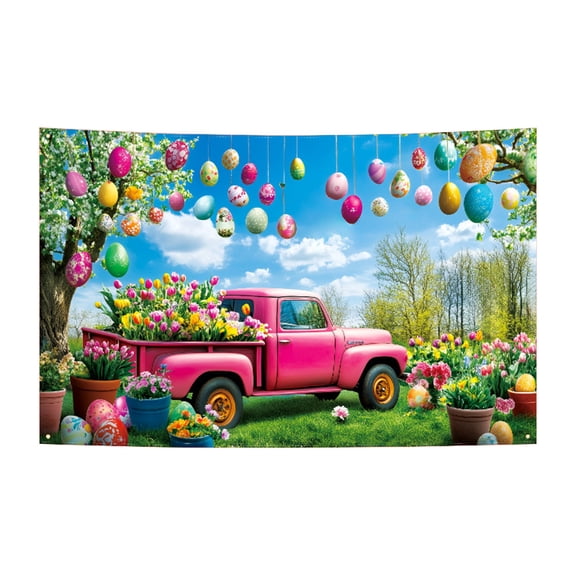 Easter Background Cloth with Eggs & Bunnies, Spring Colorful Floral Designs Eggs Rabbit Backdrop for Photoshoot Party Decorations Banner Indoor/Outdoor Party Decor,Easy-Clean Hanging Backdrop