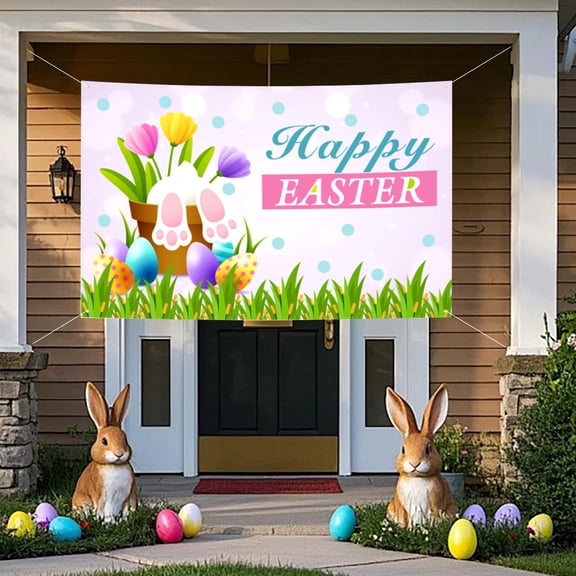 Easter Background Cloth with Eggs & Bunnies, Spring Colorful Floral Designs Eggs Rabbit Backdrop for Photoshoot Party Decorations Banner Indoor/Outdoor Party Decor,Easy-Clean Hanging Backdrop