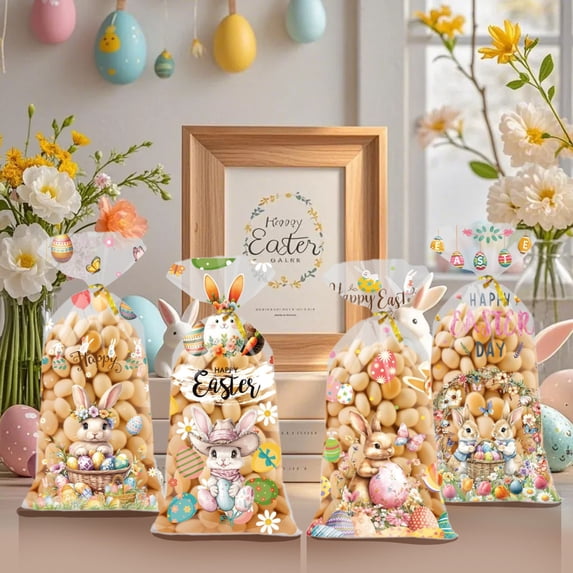 Easter Bag, 50pc Easter Candy Bags Bunny Egg Printed Packaging, Holiday Treat Pouch Set, Seasonal Party Favor Container For Kids Celebration Gift Basket Supply