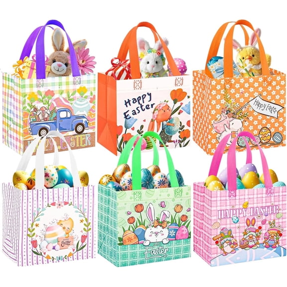 6 Pack Easter Gift Bags, 8.37.96 inch Non-Woven Easter Bags with Handles, 6 Unique Patterns Egg Hunt Baskets for Kids, Party Supplies