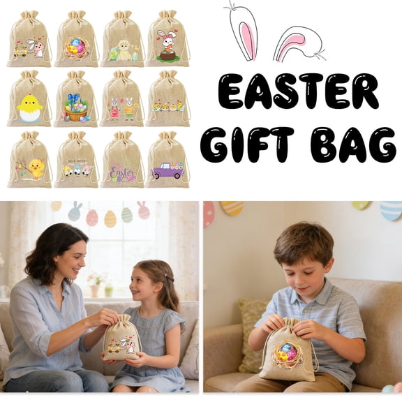 Easter Bags, Bunny Burlap Drawstring Bags Gift Treat Bags Cute Candy Brown Party Favors Supplies Crafts for Birthday Wedding Party
