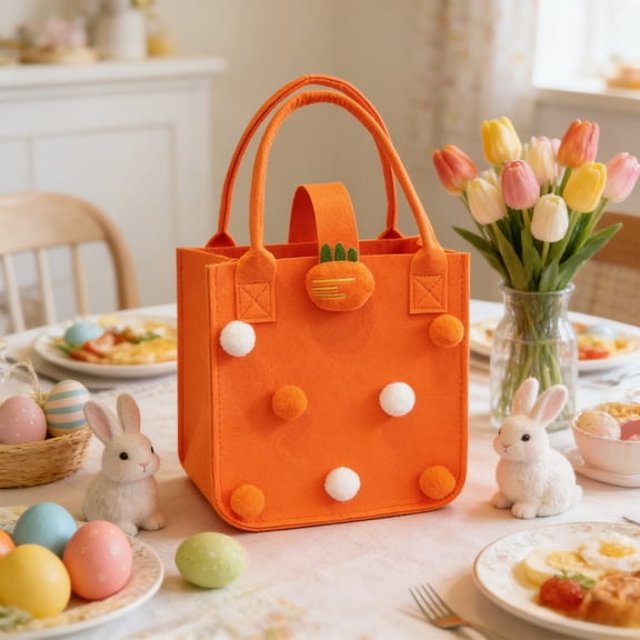 Easter Bags Orange Felt Tote Pompom Accent Bag Square Egg Basket with Carrot Ornament for Party Treat Storage Gift Carrier