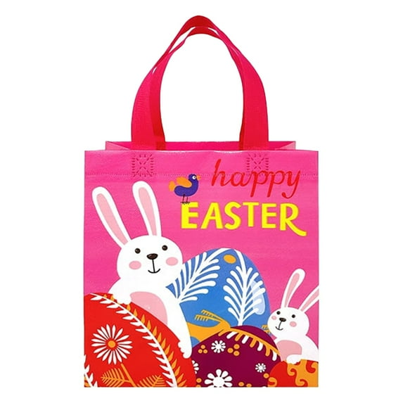 Easter Bags with Handles, Bunny Themed Easter Bags, Reusable Non-Woven Happy Easter Gift Bags for Easter Egg Hunts, Party Favors, and Basket Stuffers
