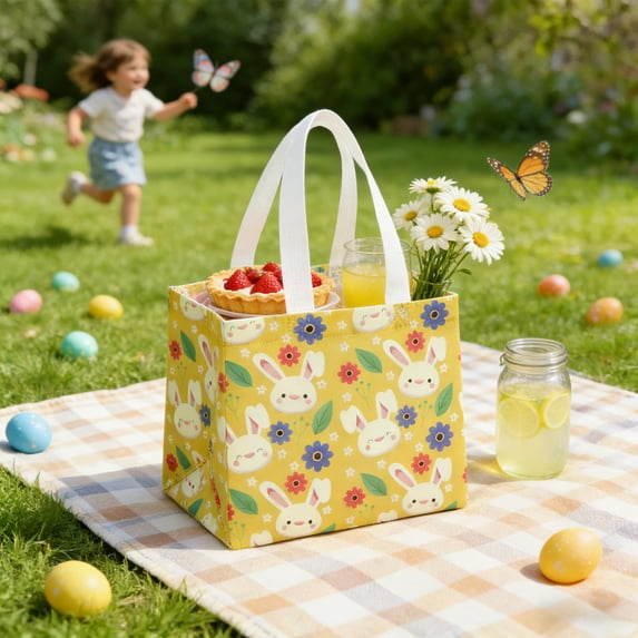 Easter Bags, with Handles and Reusable Gift Bags, Bunny Easter Egg Hunt Party Treat Bag for kids, Waterproof Goodie Tote Bags for Holiday Favors