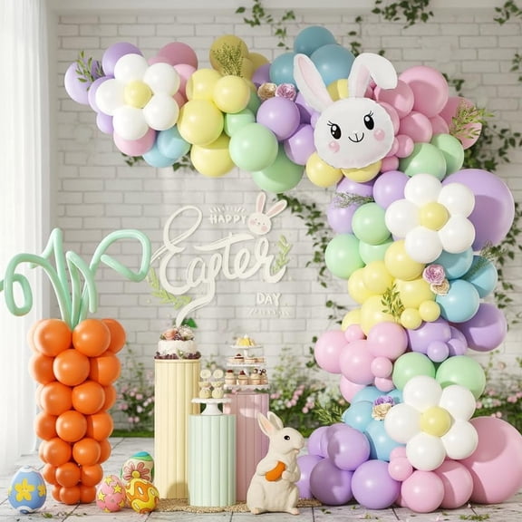 Easter Balloon Arch Garland Kit with Pastel Yellow Purple Green Orange Blue Pink Rabbit Carrot Balloons for Party Decorations