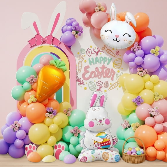 Easter Balloon Arch Kit, Pastel Balloon Garland with Bunny & Carrot Foil Balloons for Party Decorations