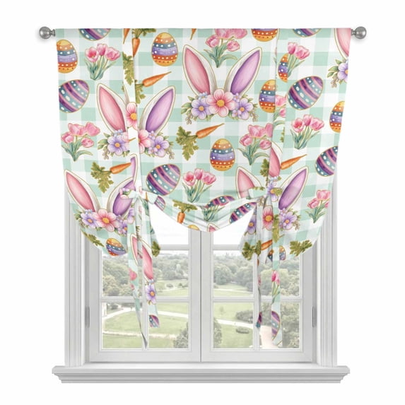 Easter Balloon Curtains 63 Inch Length for Living Room/Bedroom, Spring Rabbit Ears Eggs Carrots Floral Green Plaid Rod Pocket Privacy Door Curtains Decorative Tie Up Shade for Window 52"x63"