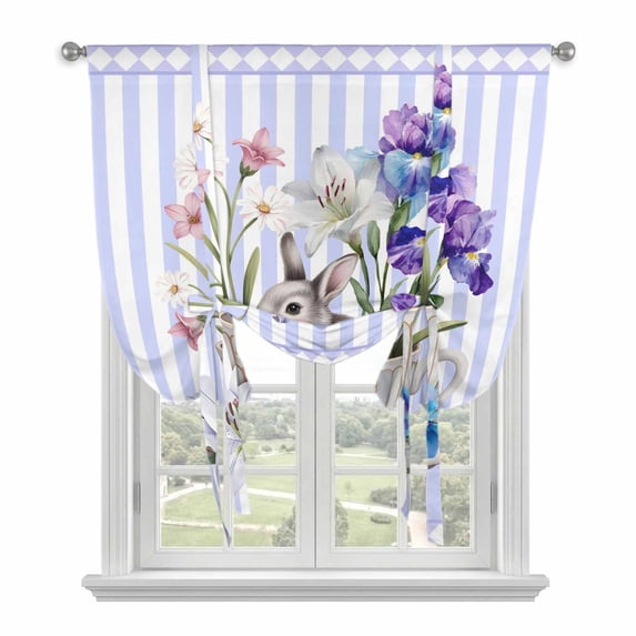 Easter Balloon Curtains 63 Inch Length for Living Room/Bedroom, Spring Rabbit Watercolor Flowers Purple Stripes Rod Pocket Privacy Door Curtains Decorative Tie Up Shade for Window 52"x63"