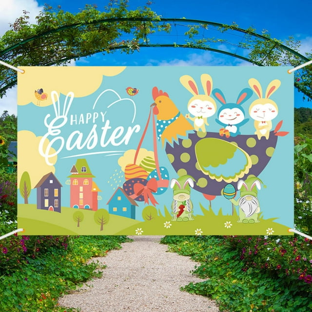 Easter Banner Cartoon Bunny Chicken Eggs Flower Pattern Festival Yard ...