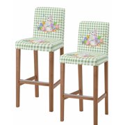 Easter Bar Stool Covers Set of 2, Spring Watercolor Bunny Eggs Butterflies Green Plaid Stretch Bar Chair Covers with Backs, Removable Pub Counter Height Chair Cover for Kitchen Dining Room Cafe