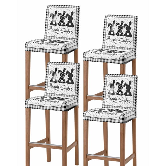 Easter Bar Stool Covers Set of 4, Spring Polka Dot Bunny Black Plaid Checkered Stretch Washable Bar Chair Covers with Backs, Removable Pub Counter Height Chair Cover for Kitchen Dining Room Cafe
