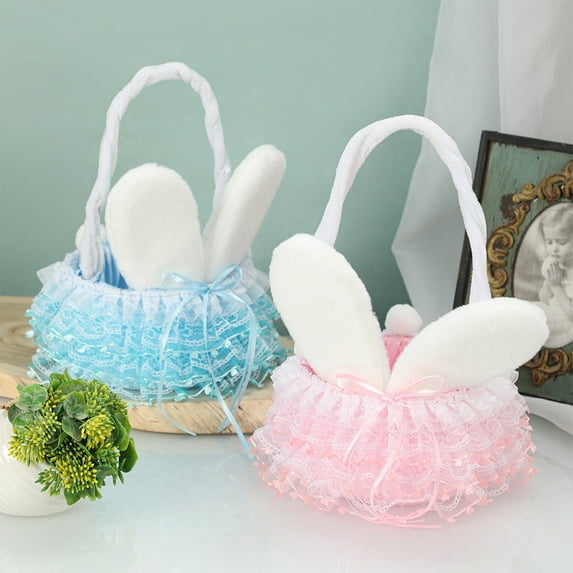 Easter Basket,Adorable Boho Bunny Ear Easter Flower Basket with Handle,Lightweight Small Blue Easter Tote Storage Basket For Easter Egg Hunts,Gifts,Candy & Easter Party Easter Basket Decor