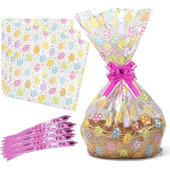 Easter Basket Bags 10 Pack 24x30 Inch Clear Treat Wrap with Colorful Egg Print and Twist Ties Large Plastic Gift for Candy Favors Party Supplies