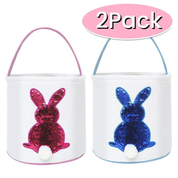 Easter Basket Bags Canvas Bunny Basket for Eggs Hunt Easter Party Celebrate Toys Candy Egg Bucket for Party Supplies 2Pcs Pink Blue