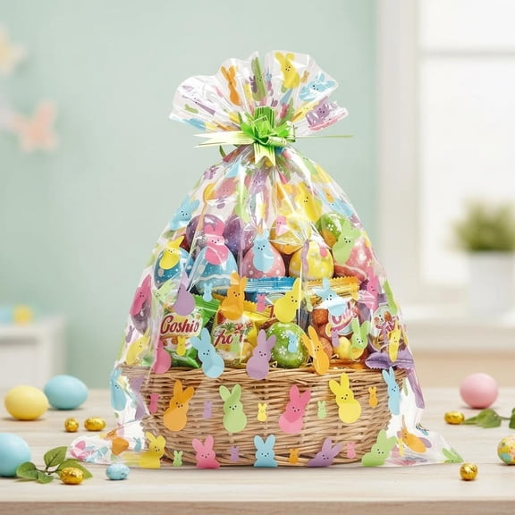 Easter Basket Bags, Easter Cellophane Bags With Bunny Patterns for Easter Baskets, Gift Baskets Wrapping, Packaging, Party Favors