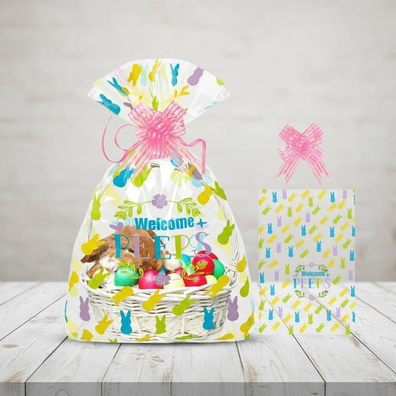 Easter Basket Bags, Large Cellophane Bag with Pull Bow - Cello Basket Bags Bunny Pattern Wrap Bag, Cellophane Wrapping for Gift Packaging Party Decorations