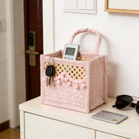 Easter Basket Black Quilted Fabric Woven Bamboo Insert Pom Pom Trim Personalized Suspendable Storage Bag for Desktop Mantel Shelf Decors