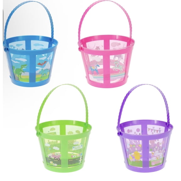 Easter Basket Buckets, 4 Pack Assorted Colorful Plastic Easter Pails Dinosaur, Unicorn, Farm Animal & Bunny Egg Hunt, Candy & Treat Containers