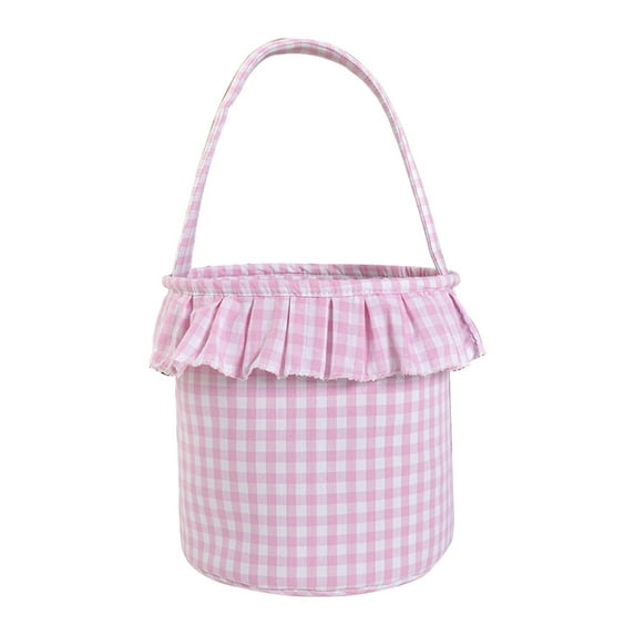 Easter Basket with Bunny Applique, 9x8.6 Inches, Personalized Bunny Design, Easter Basket with Gingham Pattern, Foldable Handle, Easter Egg Hunting Bucket Pattern, Foldable Handle
