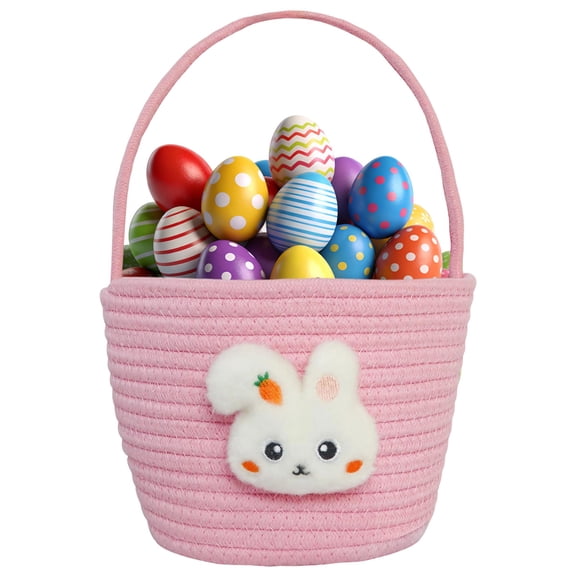 Easter Basket Bunny Baske with Handle Large Empty Rabbit Bucket Egg Bucket Tote Bag Woven Gift Basket Ideal for Egg Hunting Easter Party Supplies Pink Design 1