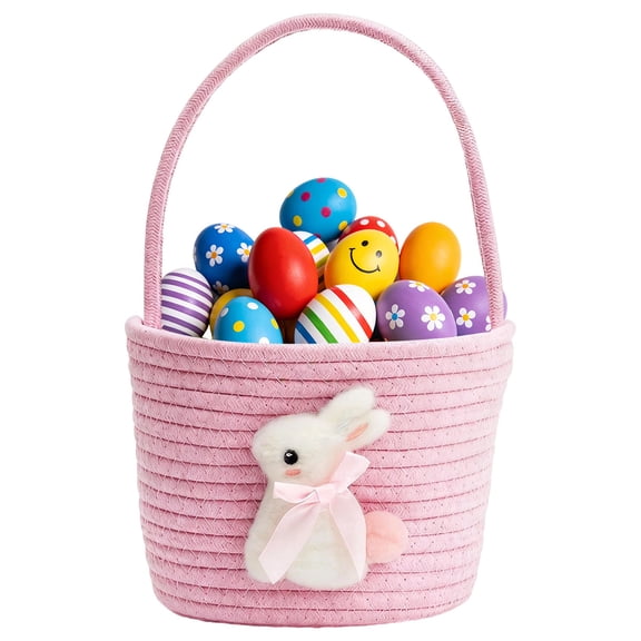 Easter Basket Bunny Baske with Handle Large Empty Rabbit Bucket Egg Bucket Tote Bag Woven Gift Basket Ideal for Egg Hunting Easter Party Supplies Pink Design 3