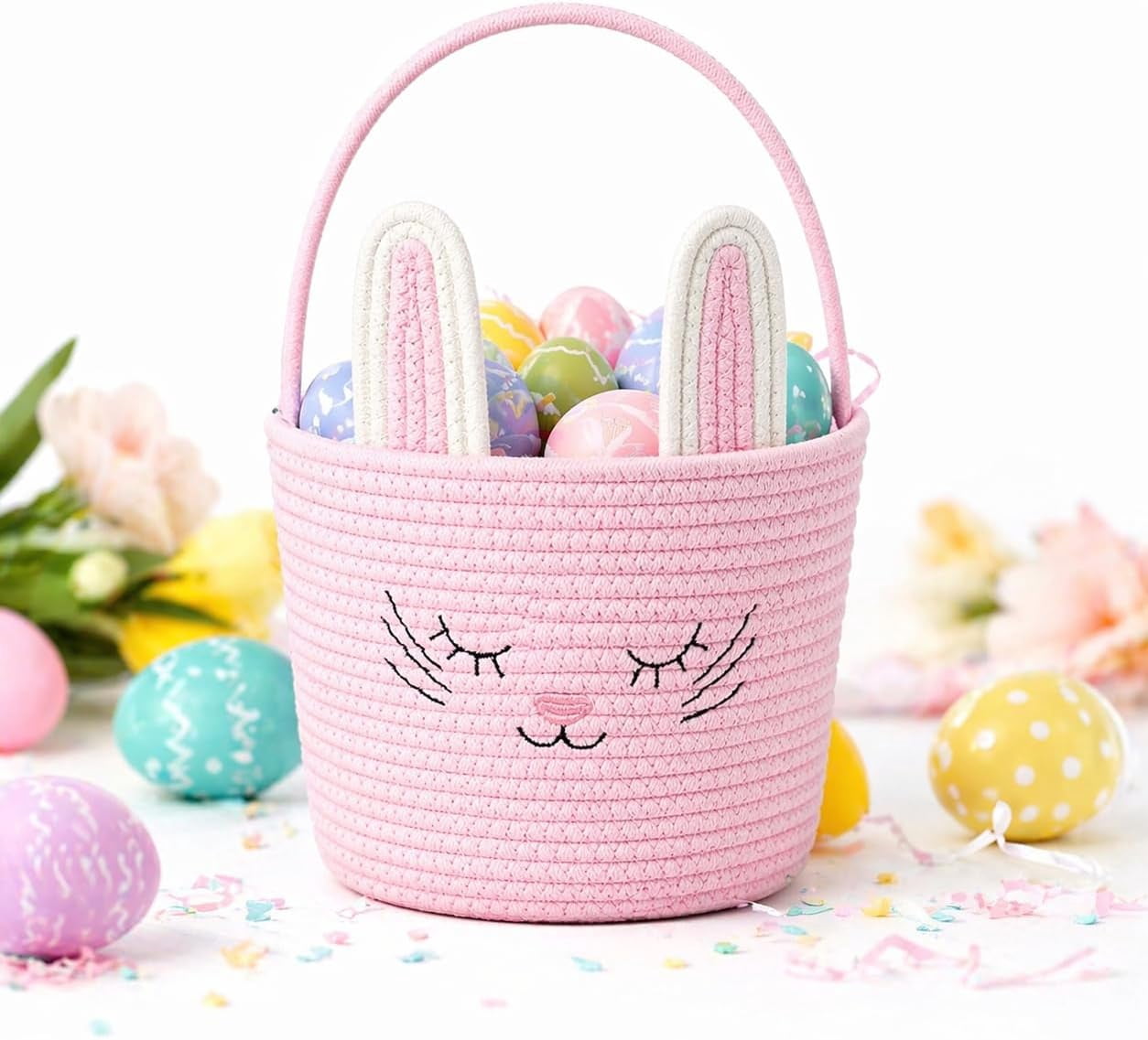 Easter Basket Bunny Design, Gift Basket with Handle, Cute Storage Basket for Eggs Candy Toys, Decorative Organizer for Party Holiday Gifts
