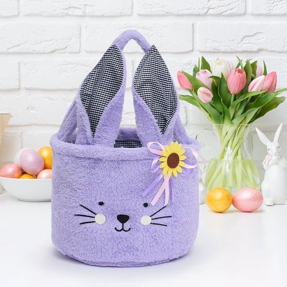 Easter Basket, Bunny Ears Carrying Basket for Egg Hunt, Large Capacity Foldable Plush Bin, Light Up Handle for Kids, Family Party Decorations and Gift
