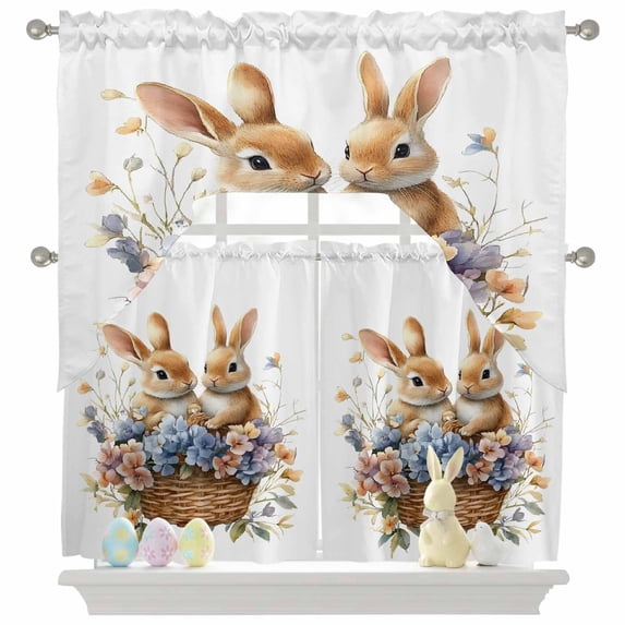 Easter Basket Bunny Swag Curtains Valance & Tier Set, Watercolor Blue Yellow Purple Floral Leaf Plant 3 Pcs Set Kitchen Swag Valances and Tiers 36 Inch Length Rod Pocket Curtain Drapes for Bedroom