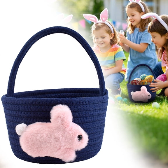 Easter Basket with Bunny,mini easter basket,Easter Baskets for Kids,Woven Storage Bucket,Small Round Woven Bunny Storage Bin with Handle for Egg Hunt Party Holiday Nursery Decor Gift(Black)