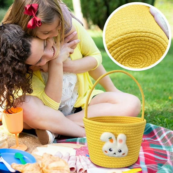 Easter Basket Bunny with Egg Hunting, Easter Gift Bags for Kids Boys Girls, Cute Small Woven Gift Baskets for Holidays, Yellow Version