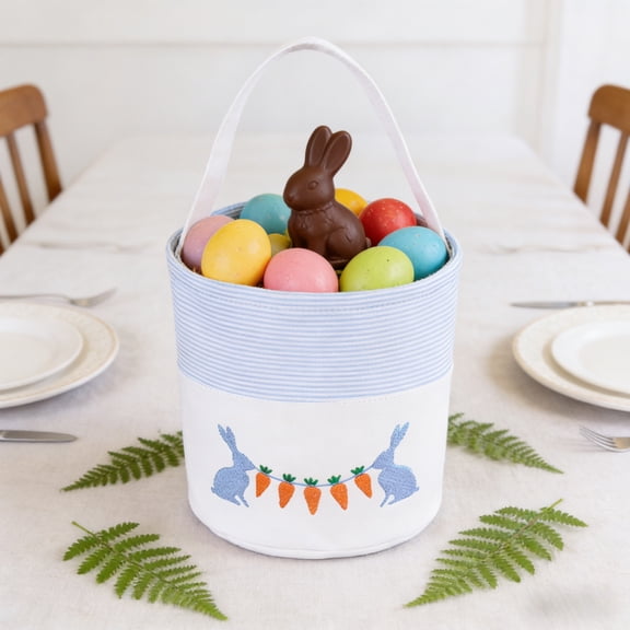 Easter Basket,Canvas with Bunny and Carrot Design, Diameter, Polka Dot Liner, Foldable Handle, for Egg Hunting and Spring Decor