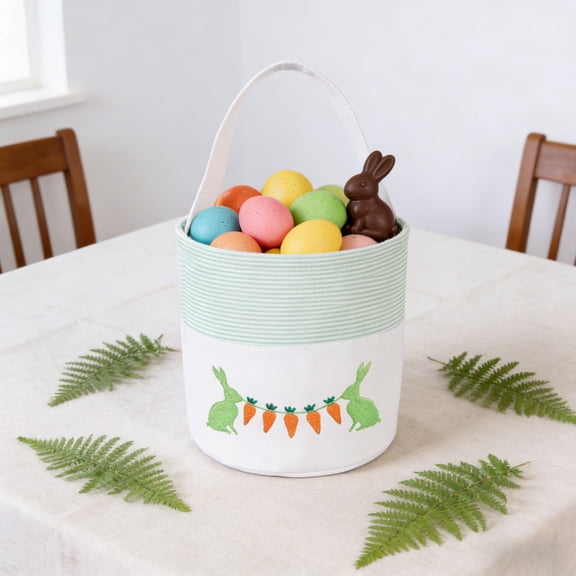 Easter Basket,Canvas with Bunny and Carrot Design, Diameter, Polka Dot Liner, Foldable Handle, for Egg Hunting and Spring Decor