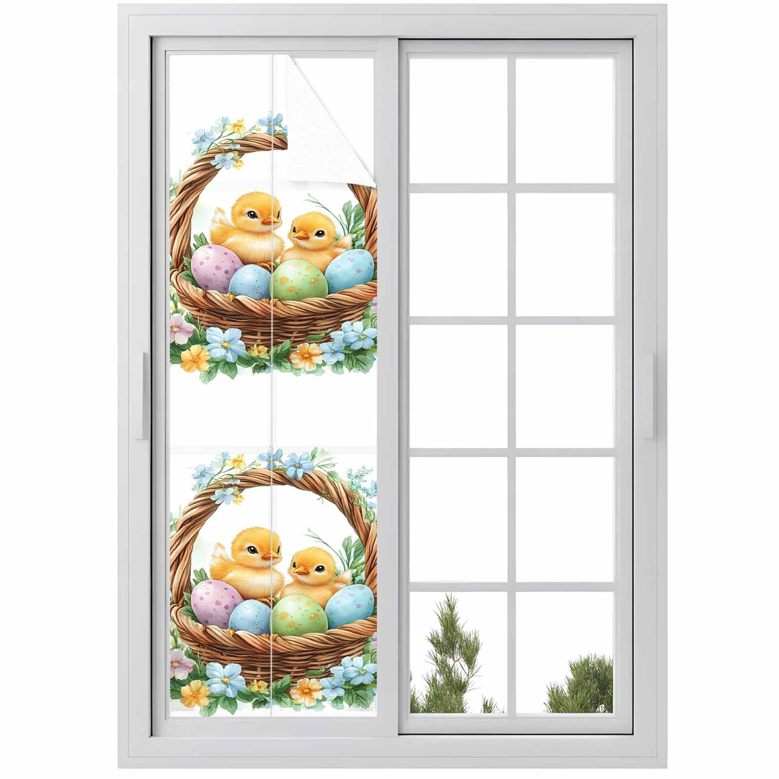 Easter Basket Chick Window Privacy Film, Watercolor Purple Blue Eggs Spring Blue Floral Leaf Frosted Glass Window Clings Static Cling UV Heat Blocking Reusable Door Sticker for Bedroom 23.6x78.7 Inch