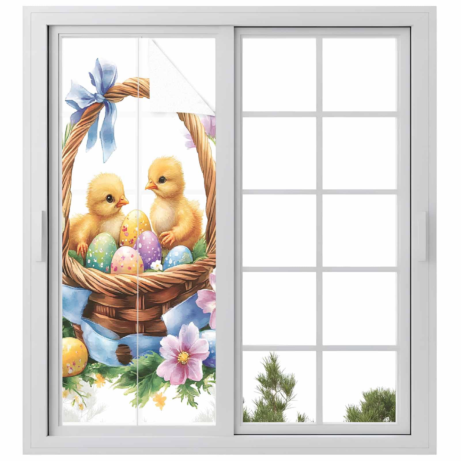 Easter Basket Chick Window Privacy Film, Watercolor Yellow Green Eggs Spring Purple Floral Leaf Frosted Glass Window Clings Static Cling UV Heat Blocking Reusable Sticker for Bedroom 23.6x59 Inch