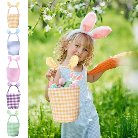 Easter Basket,Classic Gingham Easter Bunny Basket with Ears & Foldable Handle,Cute Easter Bucket Bag for Teen Toddler Adults,Empty Storage Basket for Stuffers Egg Hunt,Candy & Gift Toys