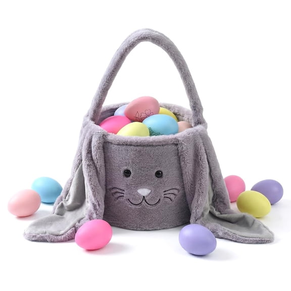 Easter Basket, Cute Easter Bunny Basket Bags Baskets with Plush Ears, Easter Baskets Empty with Handle for Egg Hunt, Candy & Gift Storage