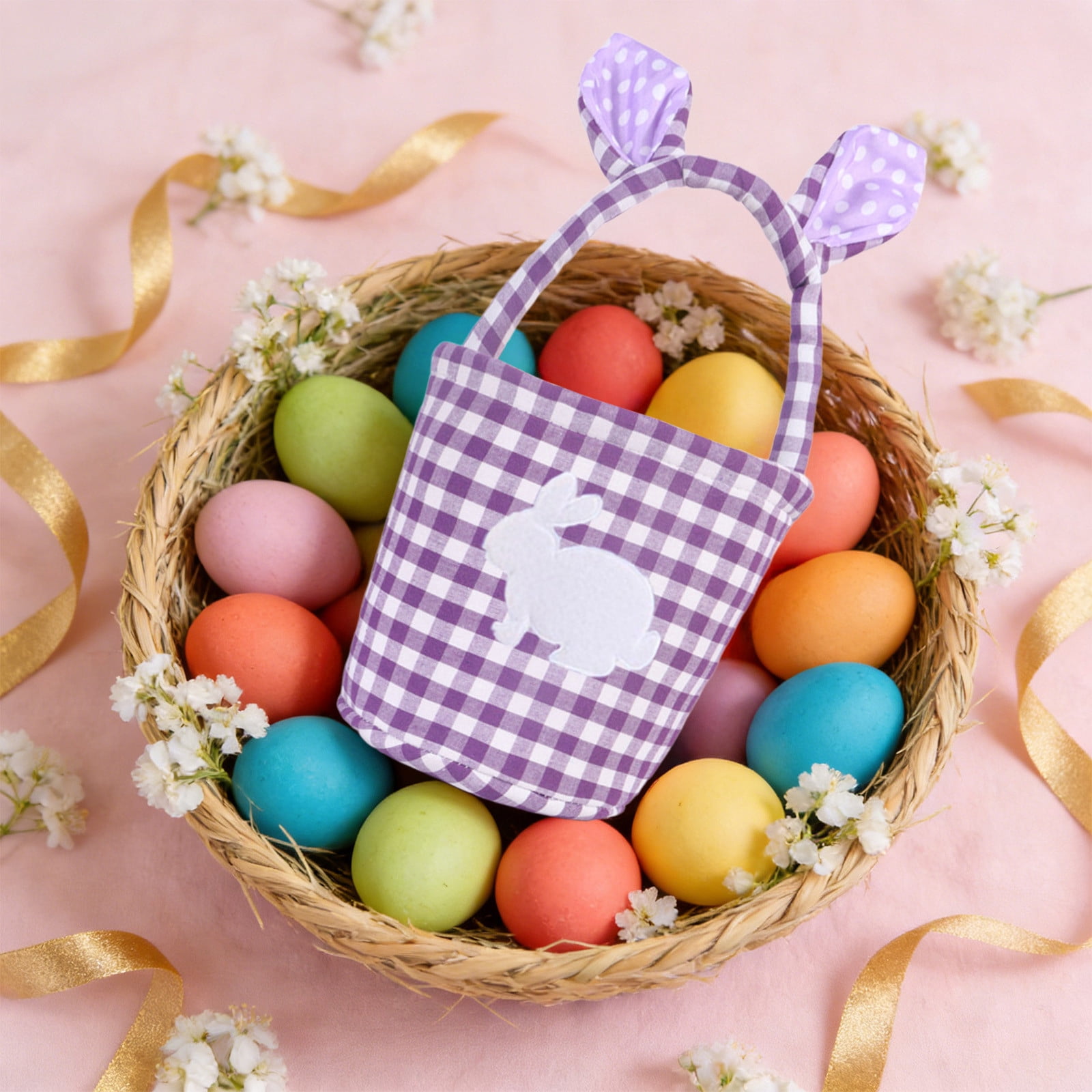 Easter Basket Easter Mood Decoration Cute Plaid Basket With Rabbits Ears Easter Eggs Candy Gift Storage Handbag
