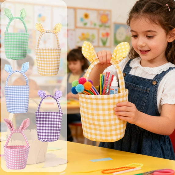 Easter Basket Easter Mood Decoration Cute Plaid Basket With Rabbits ...