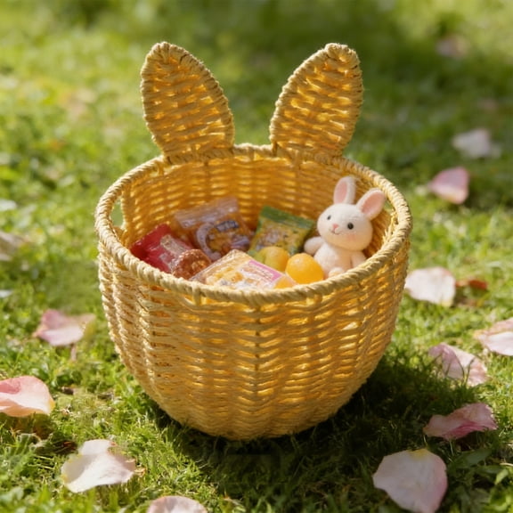 Easter Basket Filler,Brown Wicker Easter Bunny Basket with Bunny Ears,Hand Woven Rattan Gift Storage Basket for Easter Egg Hunt,Candy,Gifts,Party Favors Spring Easter Decor