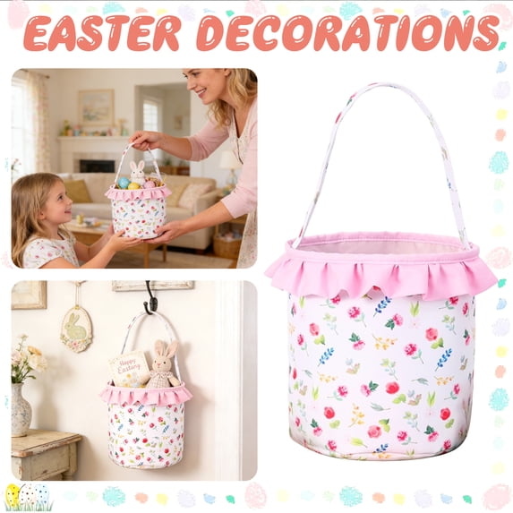 Easter Basket Floral Pattern Easter Basket with Ruffles, Cloth Storage Tote for Eggs & Decor, Easter Gift & Spring Home Decoration Multicolor
