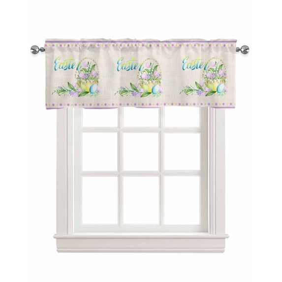 Easter Basket Flowers Linen Curtain Valance for Bedroom/Bathroom/Kitchen/Office/Living/Dining Room Windows,Spring Summer Tulip Seasonal Holiday Pocket Topper Drapes Decorative Cafe Drapery 60x18