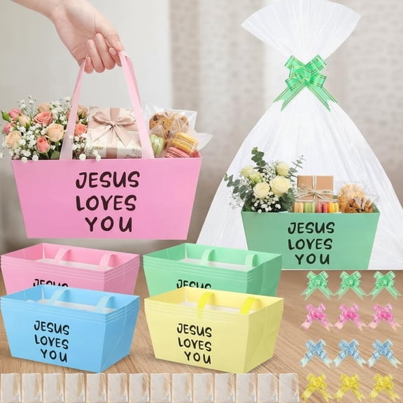 Easter Basket for Gifts Empty with Cellophane Bag & Ribbon Bow Jesus Loves You Gift Wrapping Basket for Christian Religious Church Wedding Birthday Party Favor Supplies