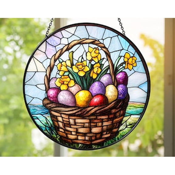 Easter Basket Glass Suncatcher | Colorful Eggs & Daffodils Window Hanging | Spring Home Décor | Handmade Easter Gift, 3.5 in