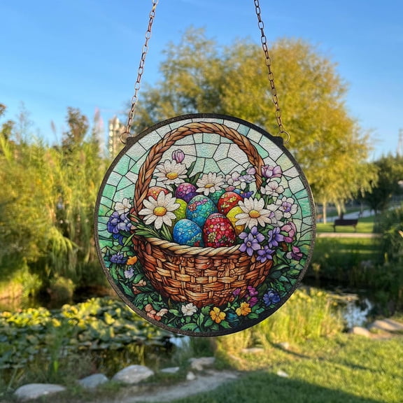 Easter Basket Glass Suncatcher, Colorful Eggs Window Hanging, Christian Holiday Decor, 7.9 in