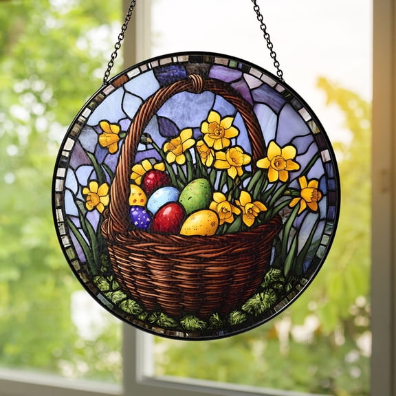 Easter Basket Glass Suncatcher | Spring Daffodil Window Hanging Home Décor | Handmade Easter Egg Gift, 3.5 in