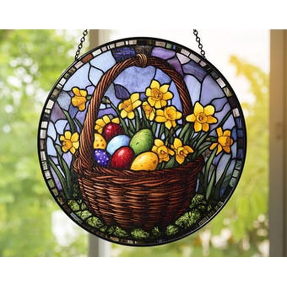 Easter Basket Glass Suncatcher | Spring Daffodil Window Hanging Home Décor | Handmade Easter Egg Gift, 6.3 in
