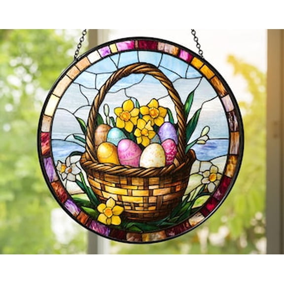 Easter Basket Glass Suncatcher – Spring Egg Window Hanging, Floral Glass Panel, Holiday Home Décor, Christian Easter Gift, 3.5 in