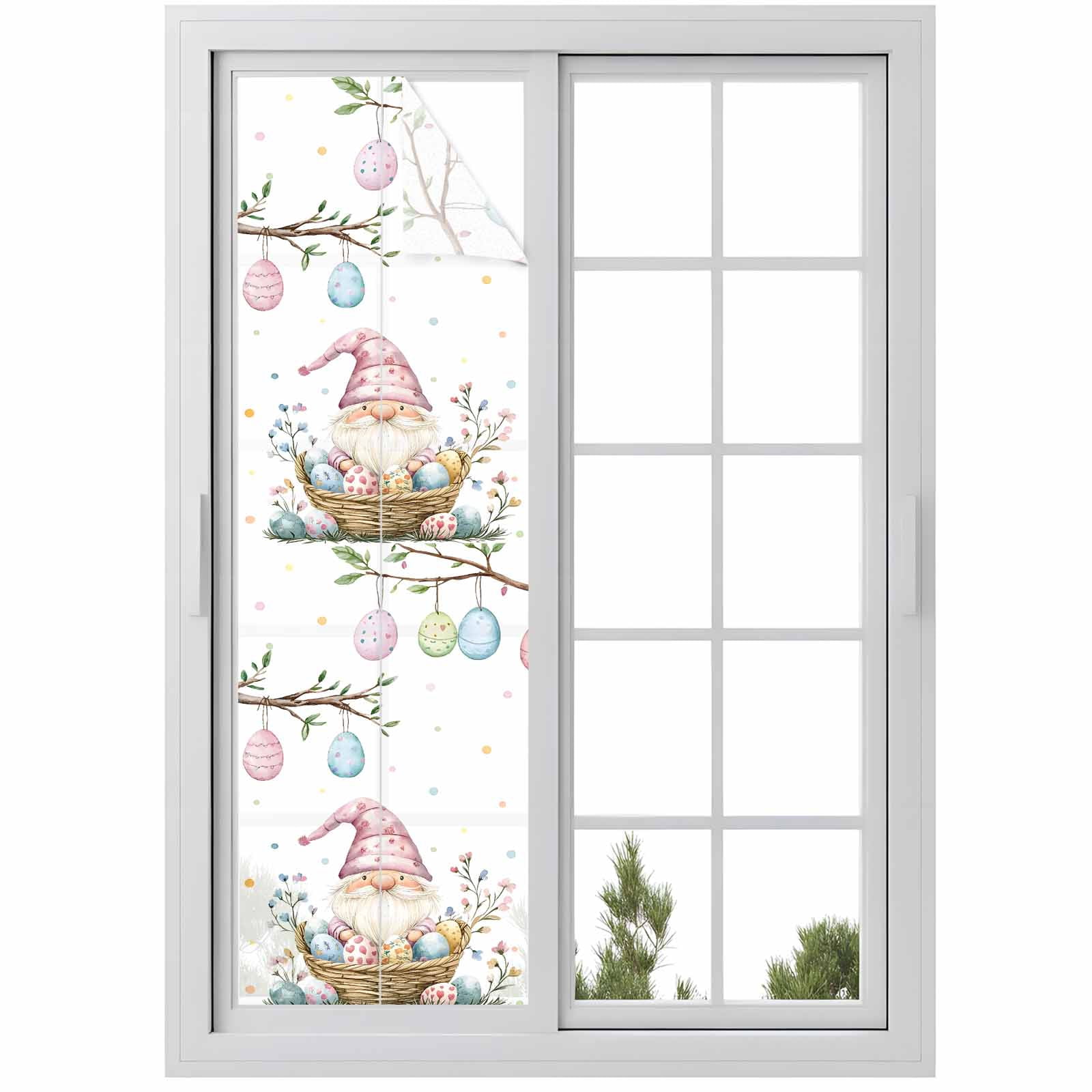 Easter Basket Gnome Window Privacy Film, Vintage Pink Blue Egg Branch Spring Pink Blue Floral Frosted Glass Window Clings Static Cling Heat Blocking Reusable Door Sticker for Bedroom 23.6x78.7 Inch